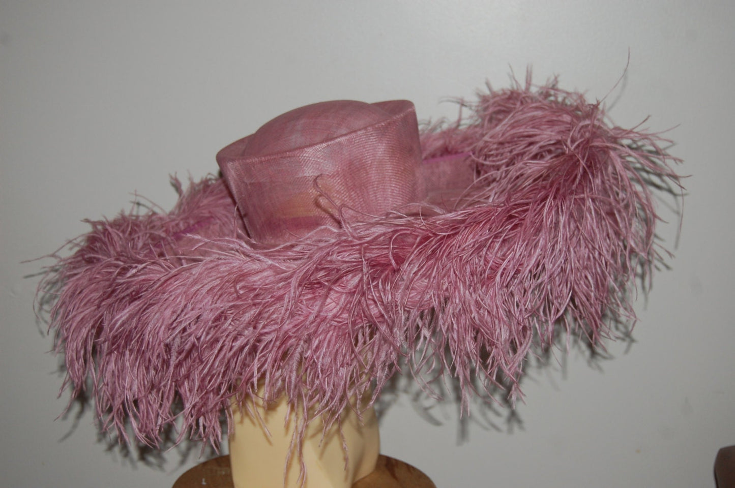Emma - Extra large Hat with Ostrich feather boa in dusky pink By Hats2go Made to Order