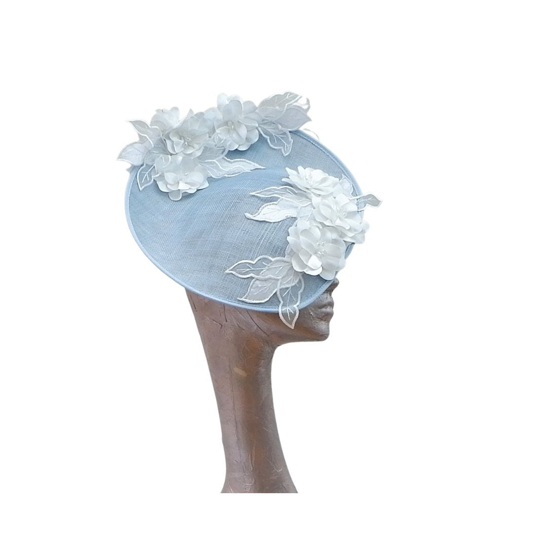Skye- Sky Blue & white lace Applique fascinator