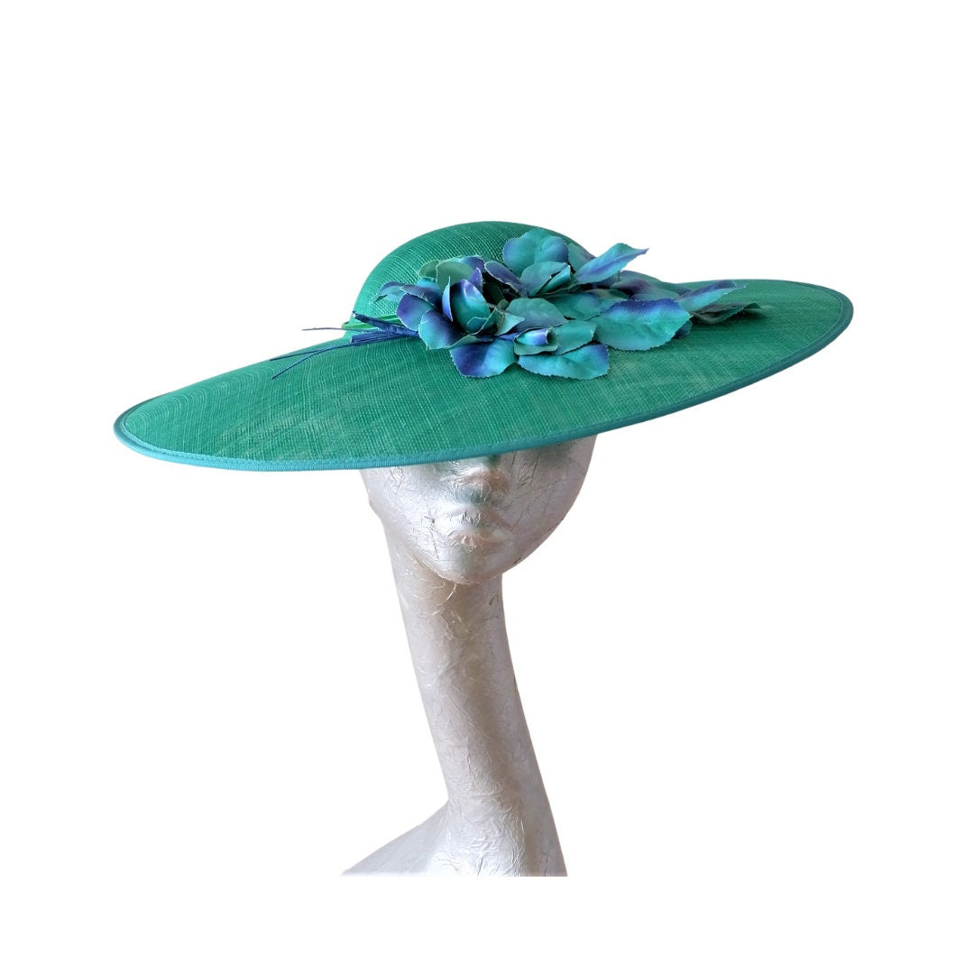 Olivia - Emerald Green Hat with Vintage 40s/50s Emerald & Blue trim