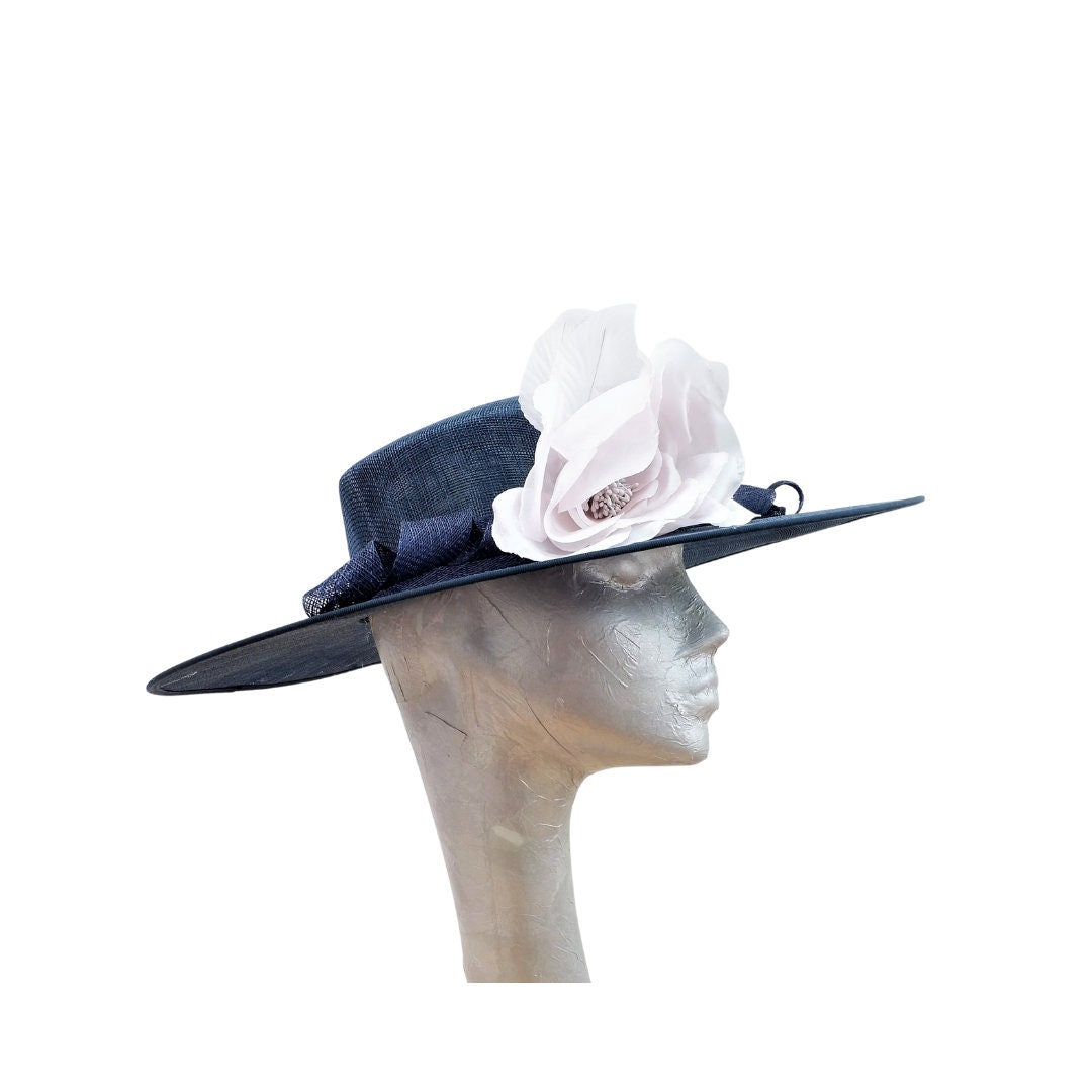 Henley - Navy Blue Sinamay Boater with Blush Flower
