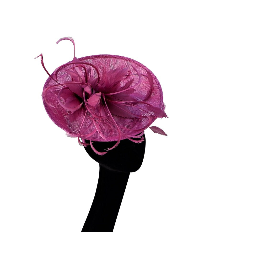 Amethyst uptured saucer with Amethyst feather trimmings by Hats2go