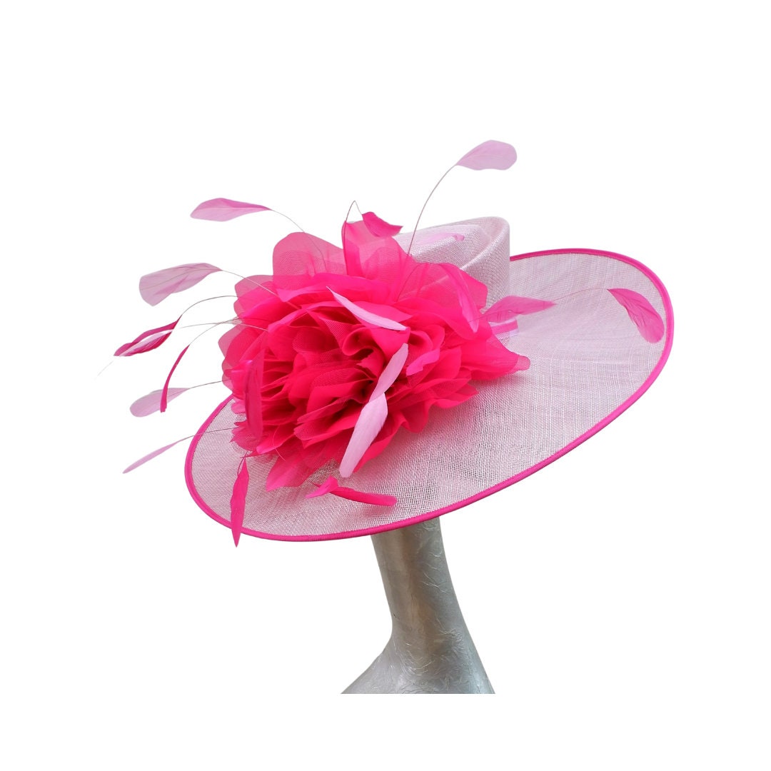 Helena -large Orchid Pink Hat with Fuchsia pink organza flower & Pink feathers