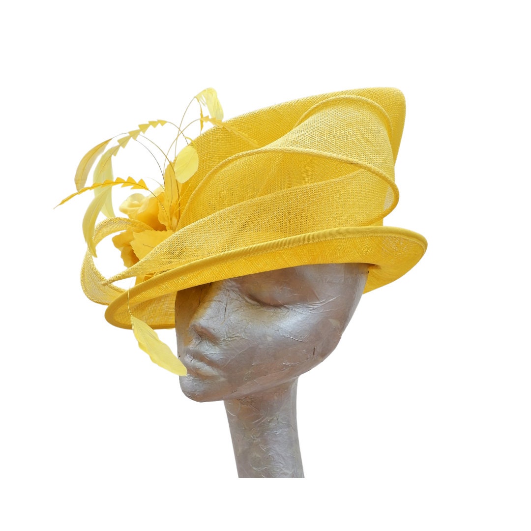 Cirrus - Maize Yellow feature hat with feather & Silk flower detail