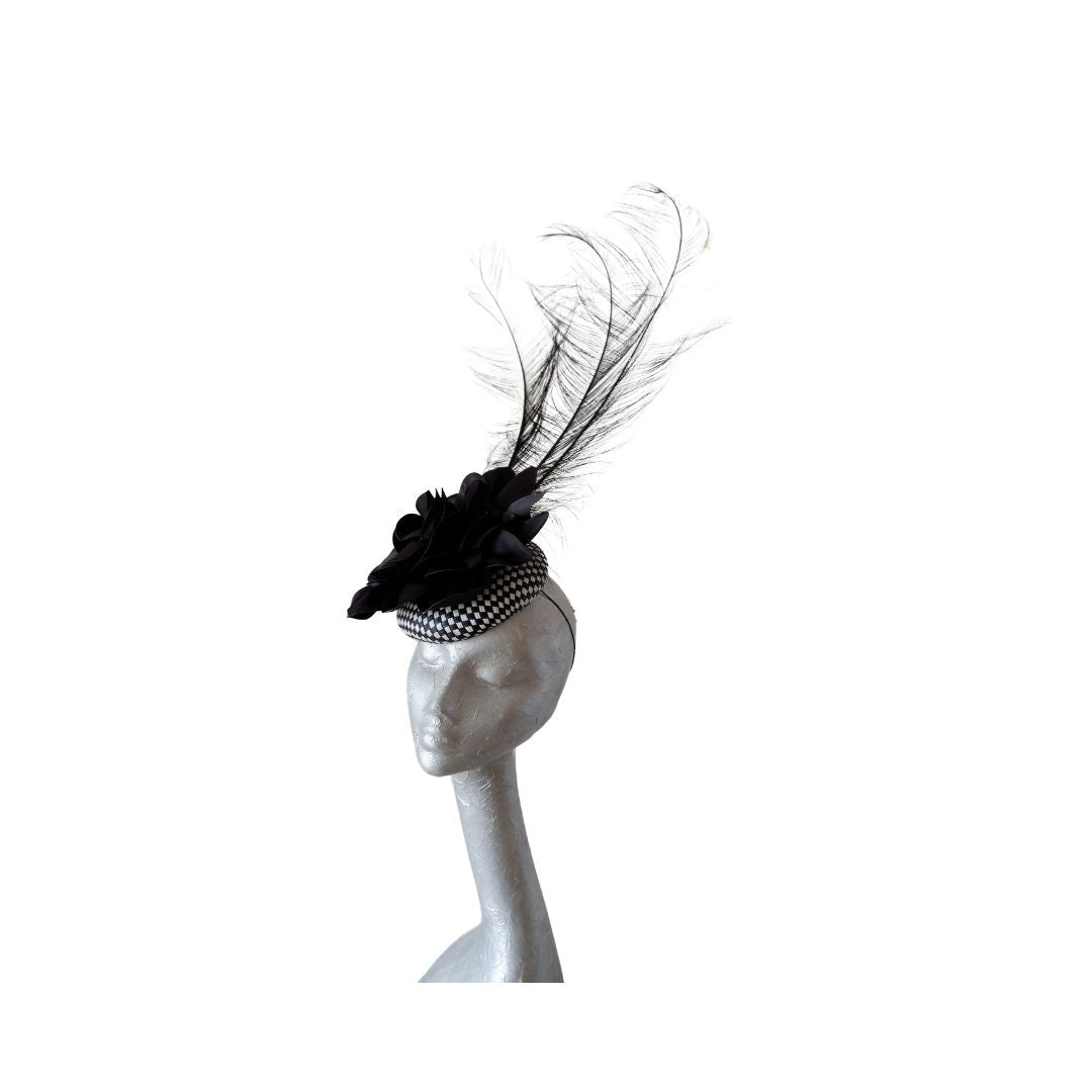 Charlotte - Black & White button base cocktail hat