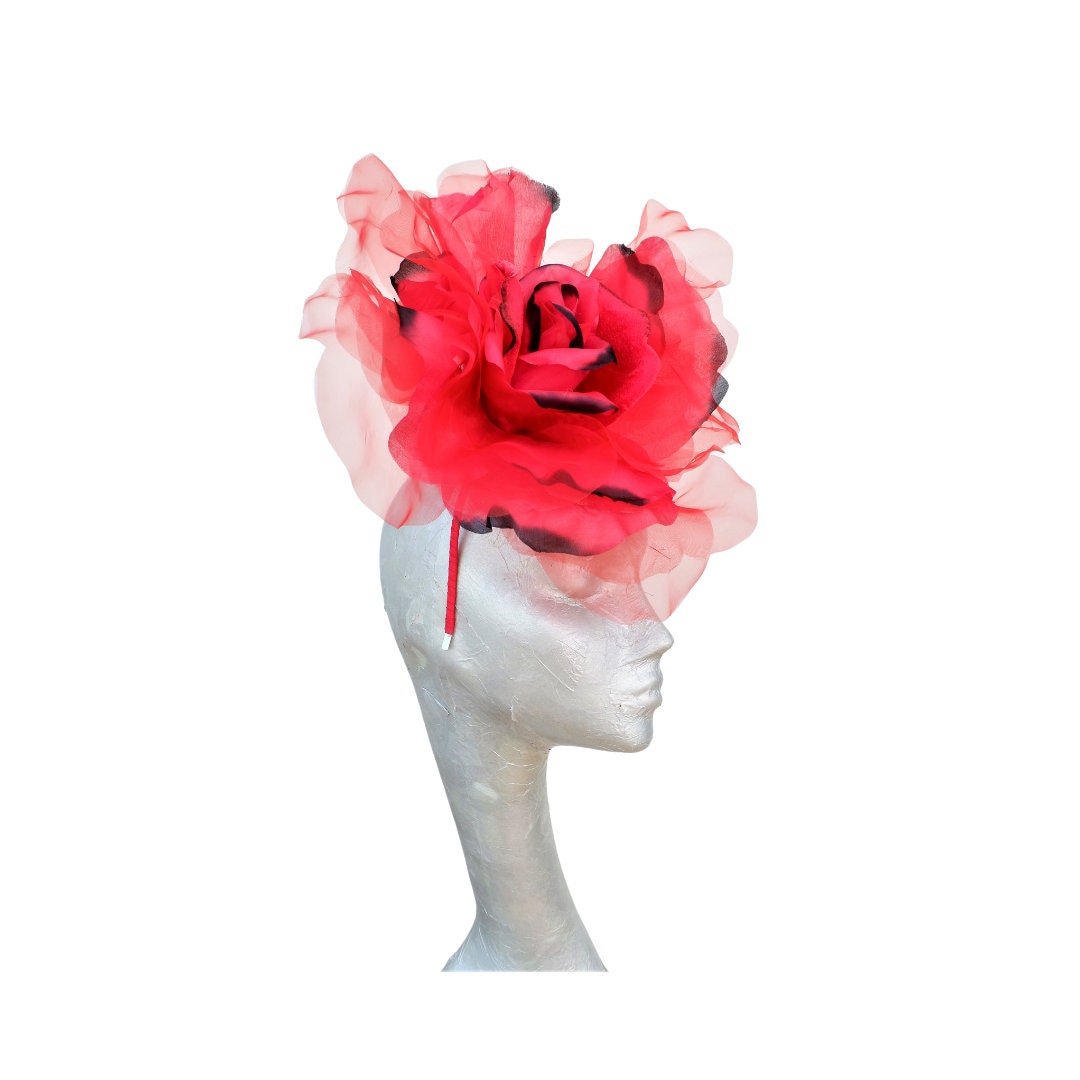 Ava--- Scarlet Red & Black silk/organza 12" flower fascinator