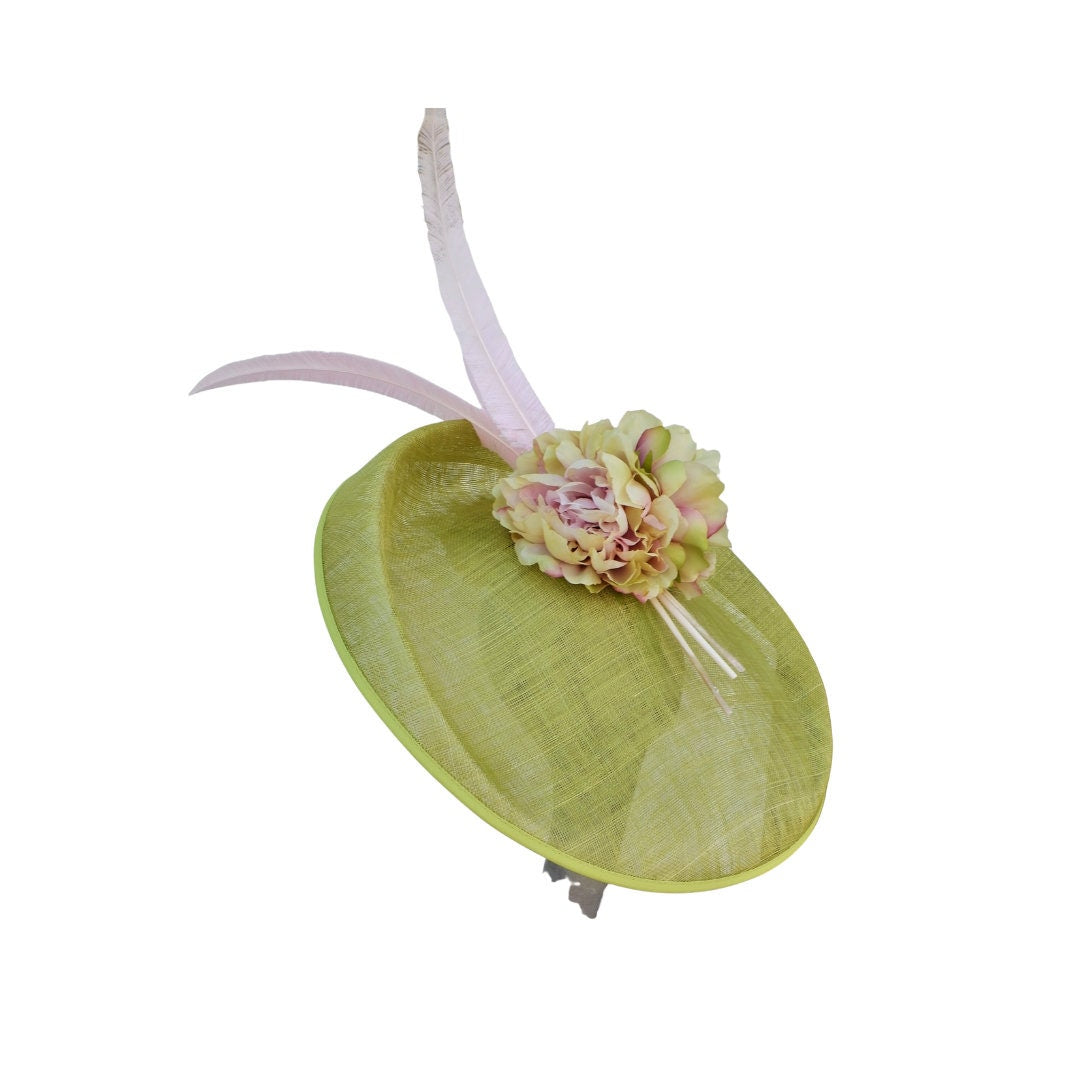 Hetty - Extra large Wasabi Green Hatinator with Pink & Green Hydrangea flowers and Pink Feathers