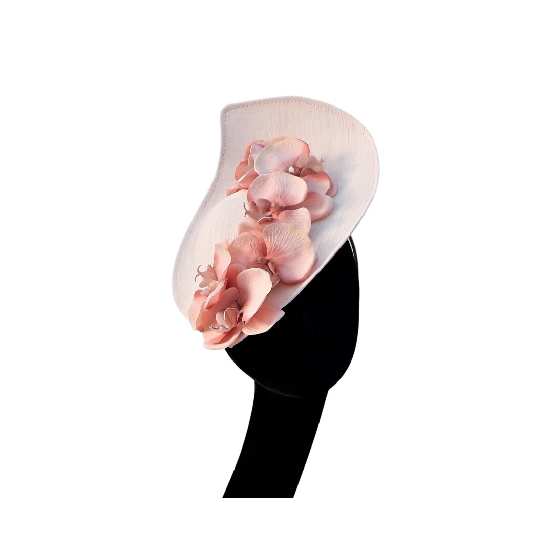 Maple - Nude silk covered sinamay pointed shaped feature saucer hatinator with orchids