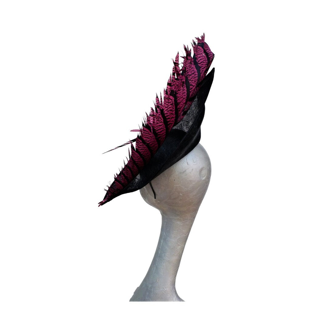 Amore - Black Pointed Hatinator with 94cm Fuchsia & Black Lady Amherst Pheasant Feathers