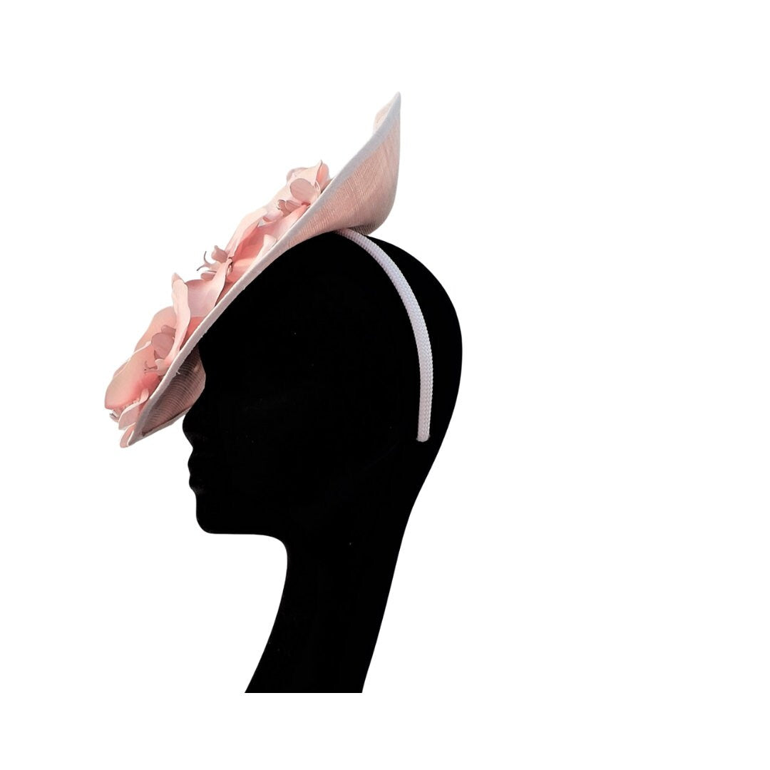 Maple - Nude silk covered sinamay pointed shaped feature saucer hatinator with orchids