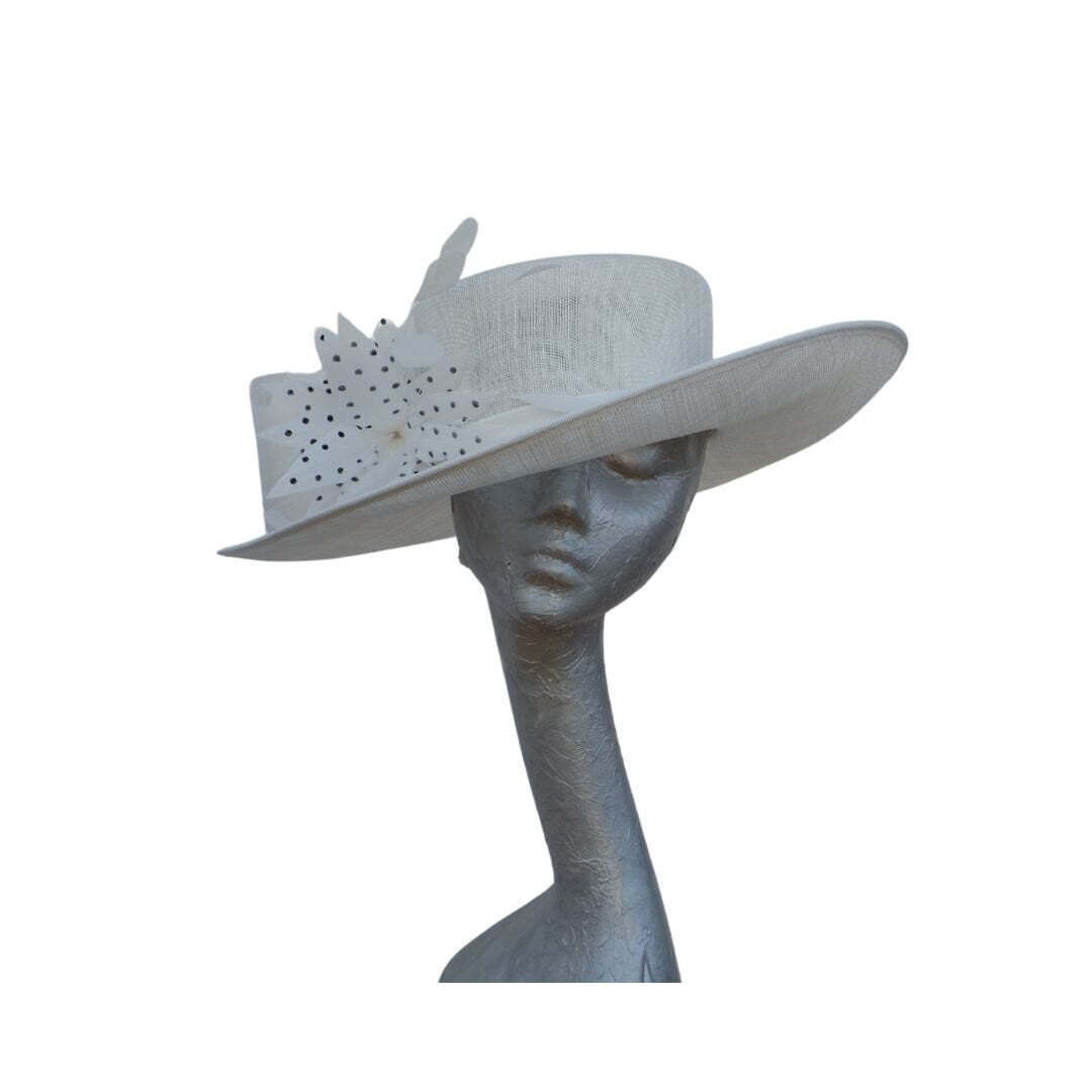 Joanie - Ivory side sweep feature hat with Ivory & Black polka dot  feather trim