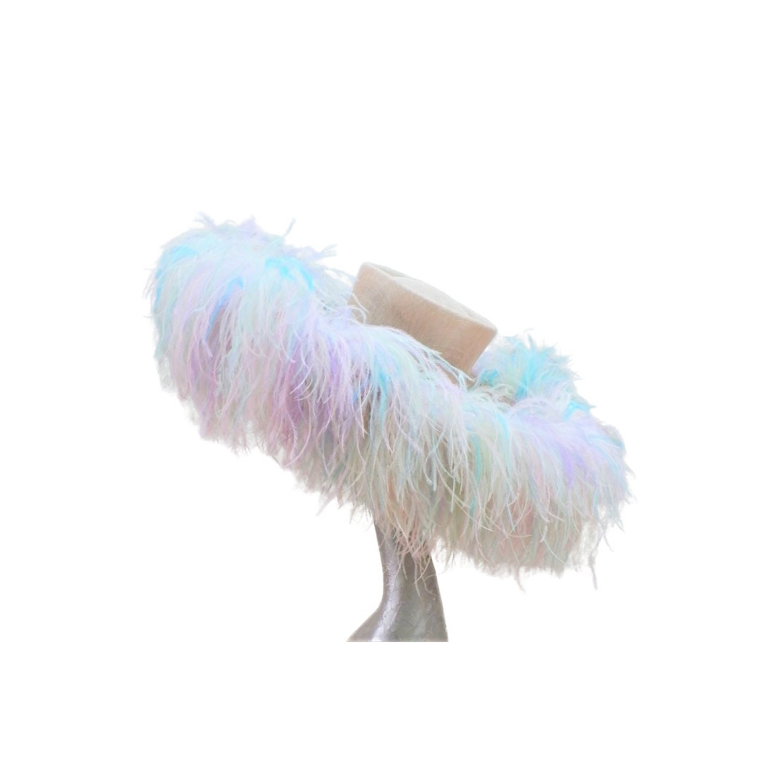 Emma - Extra large Hat Nude & Multi pastel Rainbow feathers