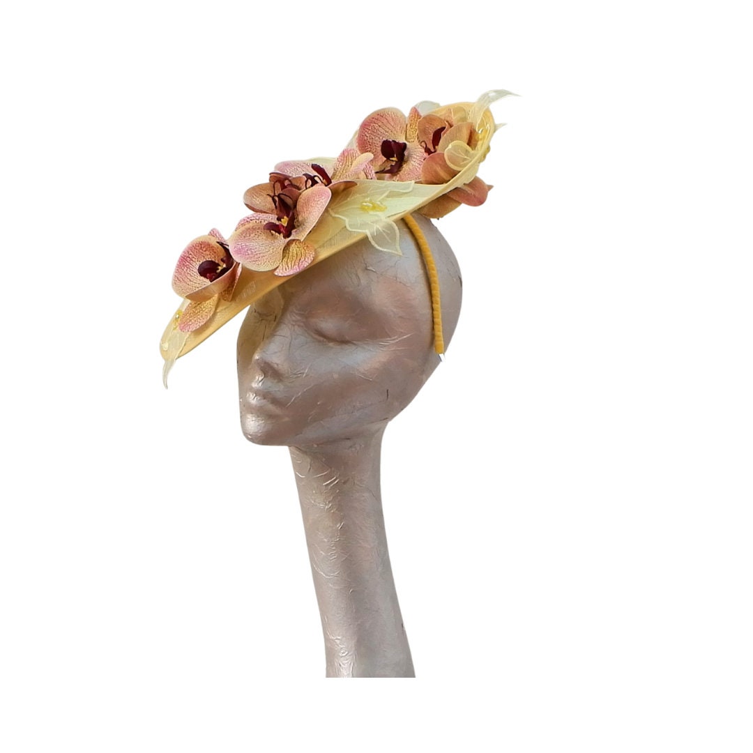 Orkney - Lemon Sinamay fascinator with Lemon & Pink Real touch Orchids