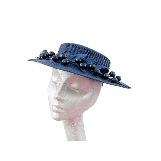 Tate - Navy Blue Polybraid Boater with Vintage 50's trim
