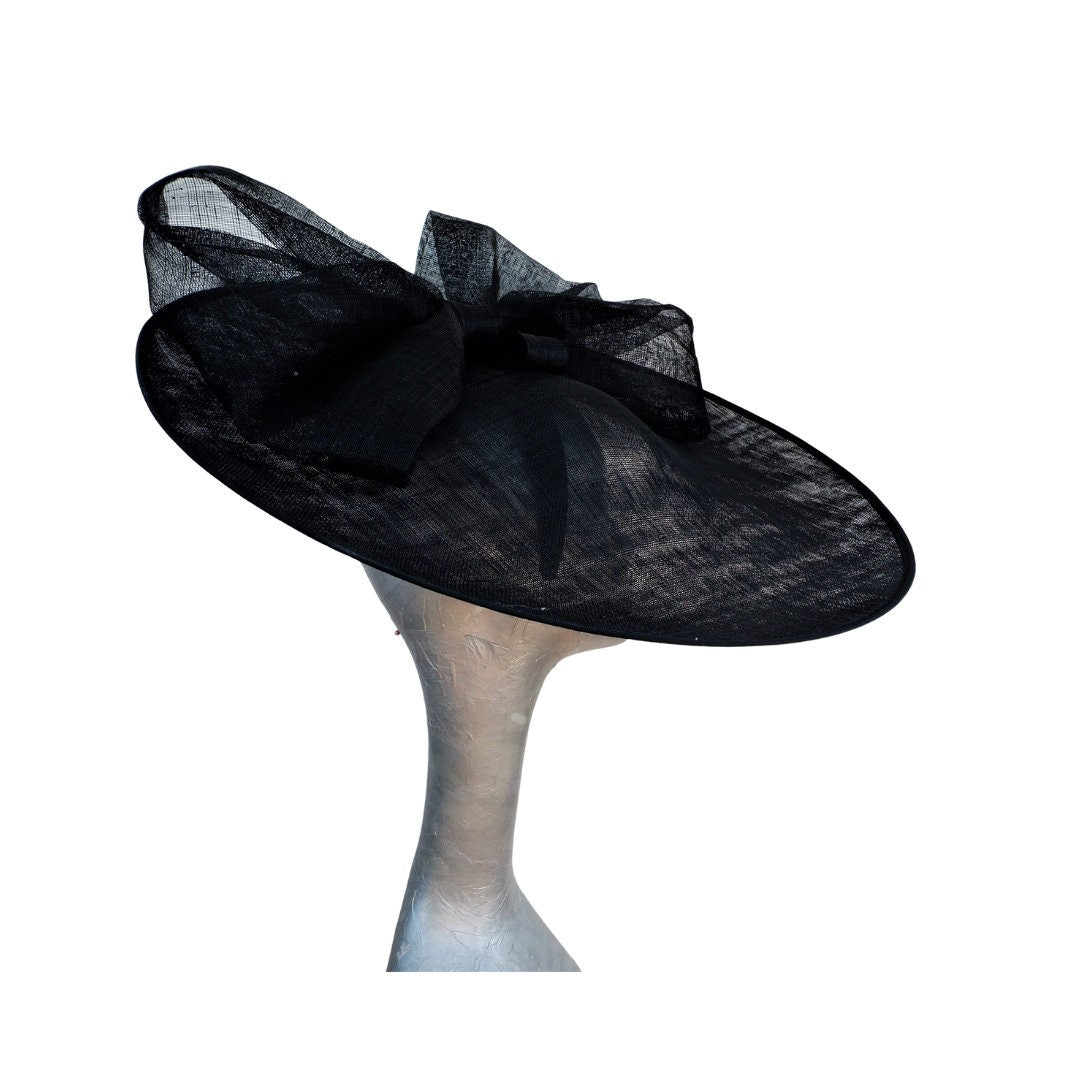 Sazz - Large round Black feature saucer hatinator with Large Black Sinamay bow
