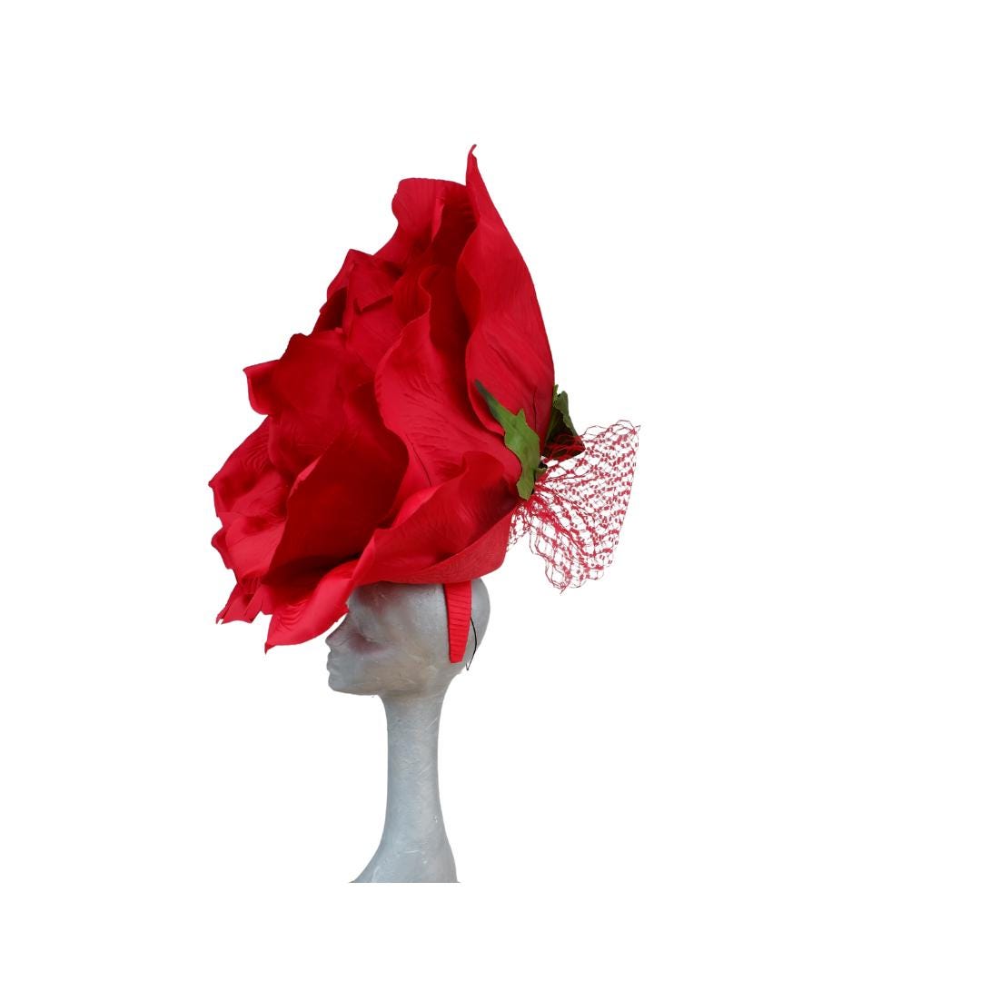 Lizzy - Oversized 75 cm  Red Silk Rose Fascinator