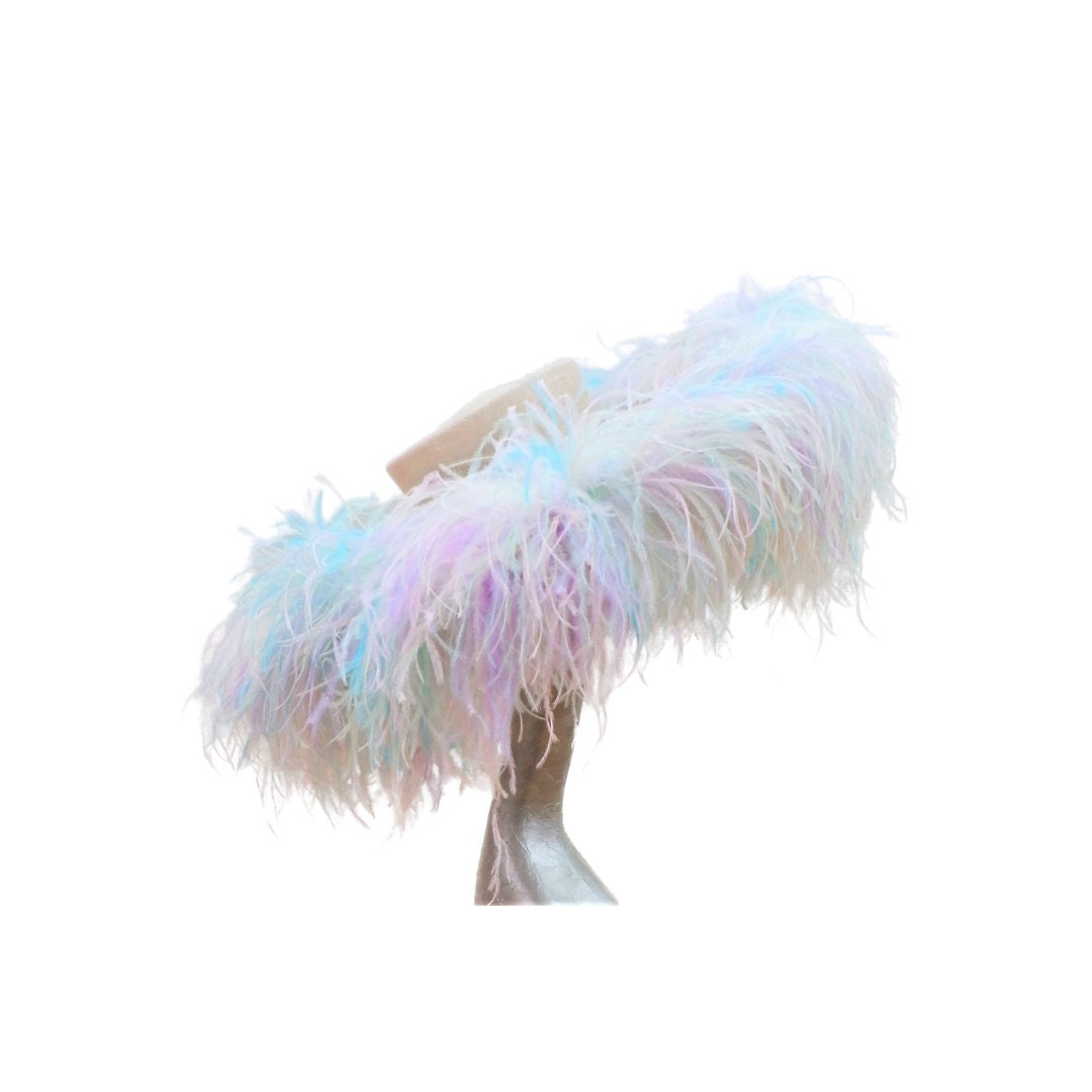Emma - Extra large Hat Nude & Multi pastel Rainbow feathers