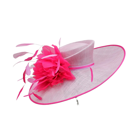 Helena -large Orchid Pink Hat with Fuchsia pink organza flower & Pink feathers