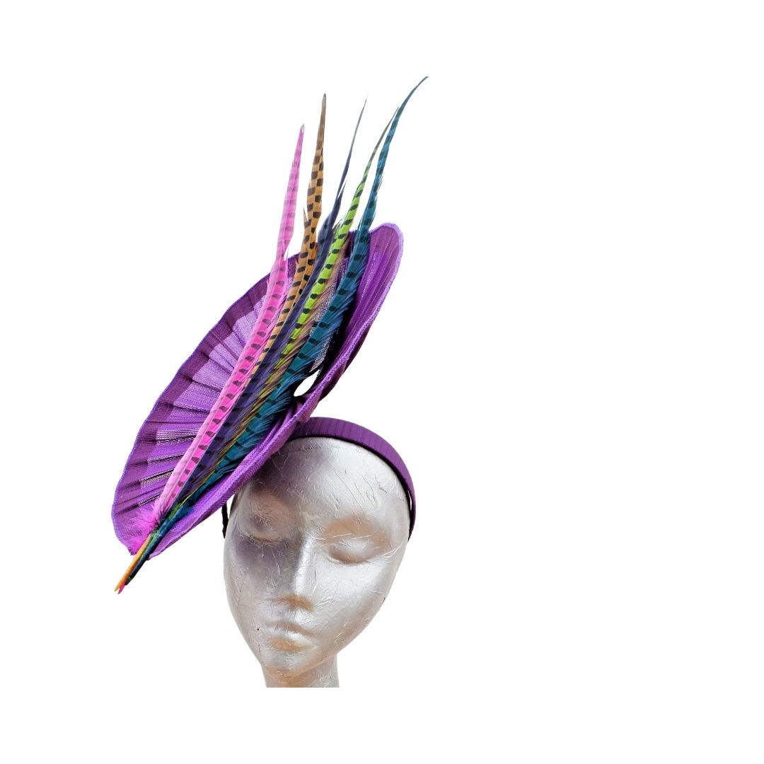 Romero - Purple Buntal pleated disc Fascinator with Multi colour feathers