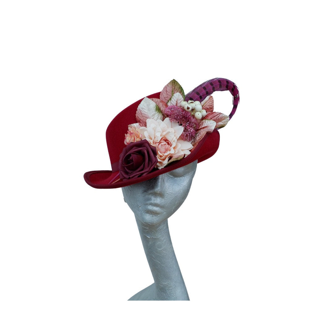 Hallie - WIne & Ivory/ blush slanted soft Top Hat with Floral detail