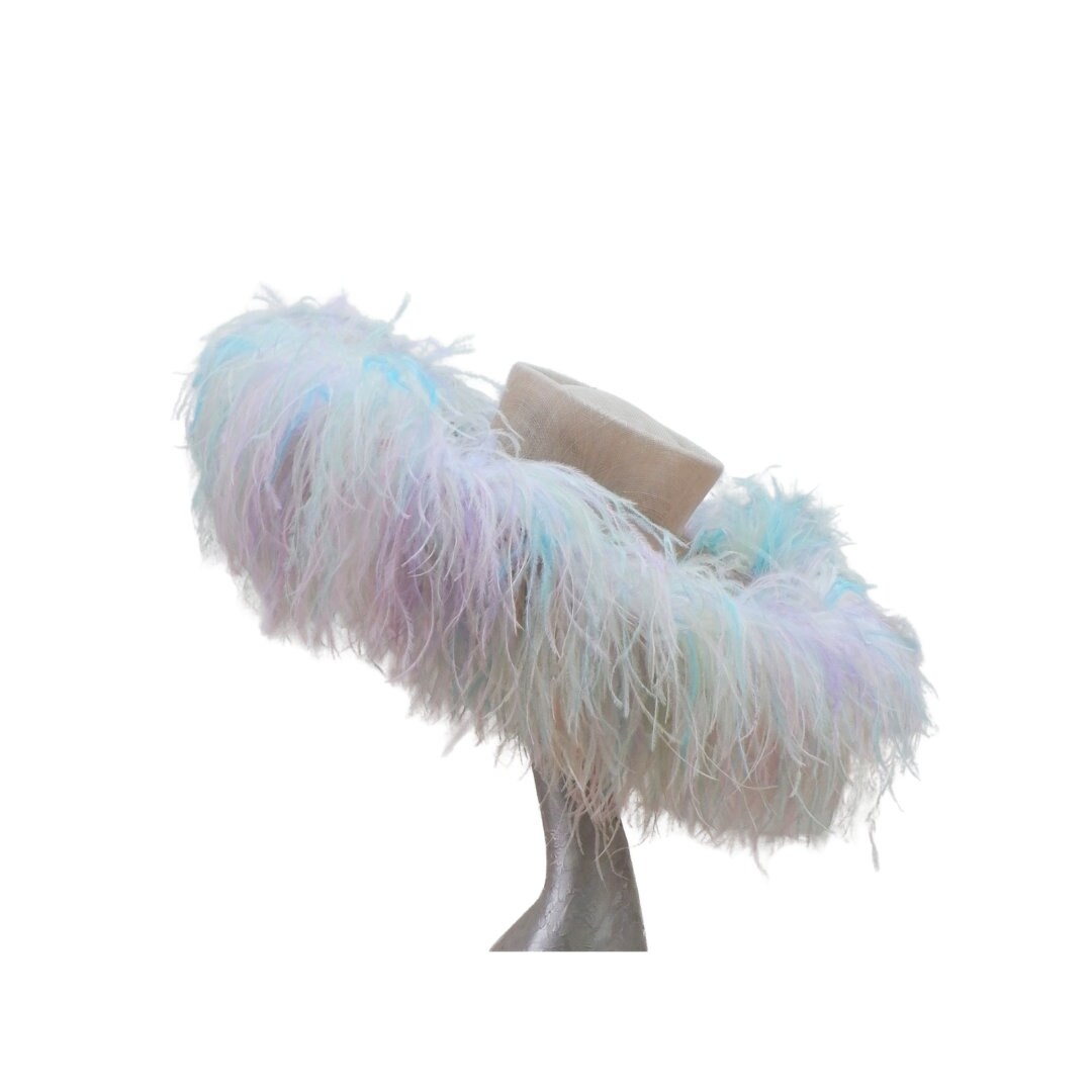 Emma - Extra large Hat Nude & Multi pastel Rainbow feathers
