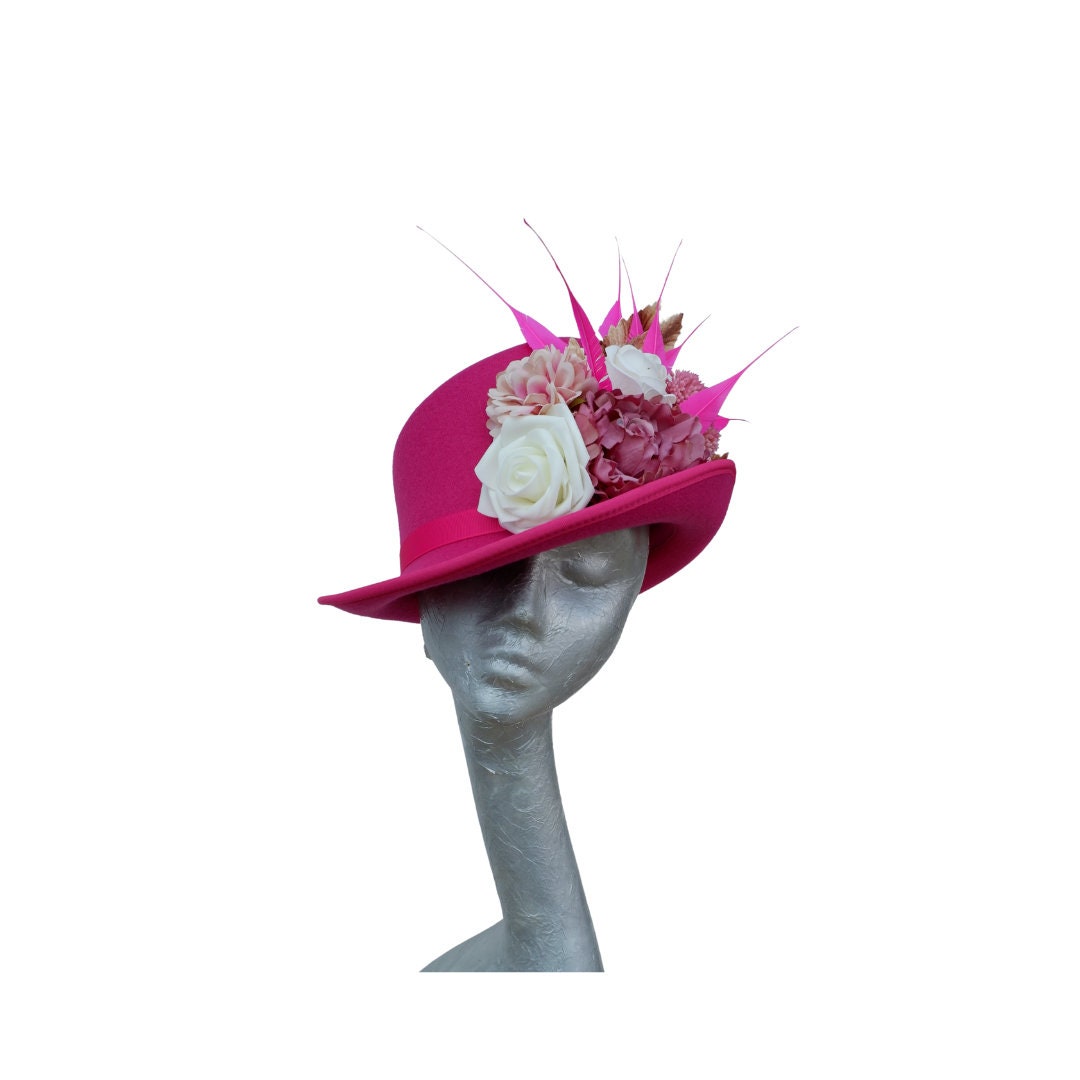 Darcy - Hot pink & Ivory slanted soft Top Hat with Floral detail