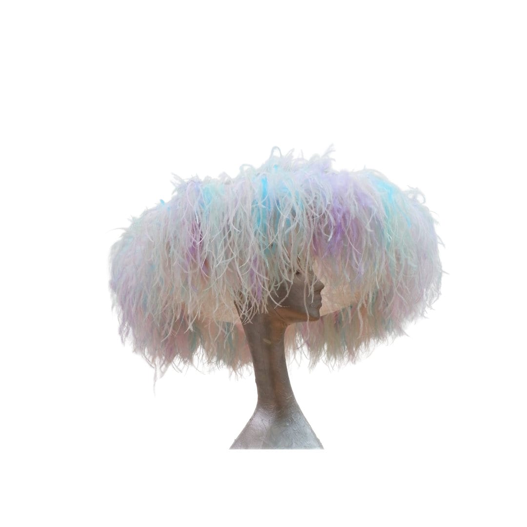 Emma - Extra large Hat Nude & Multi pastel Rainbow feathers