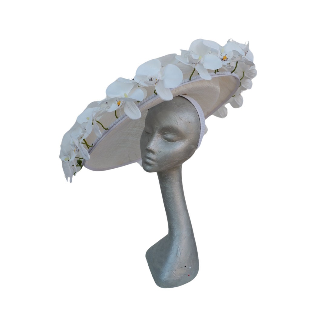 Amanda - Extra large White Hatinator edged with Silk Orchids