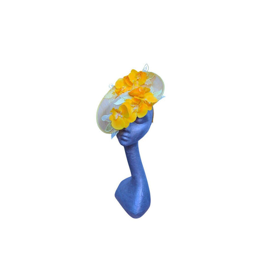 Orkney - Lemon Sinamay fascinator with Lemon & Pink Real touch Orchids