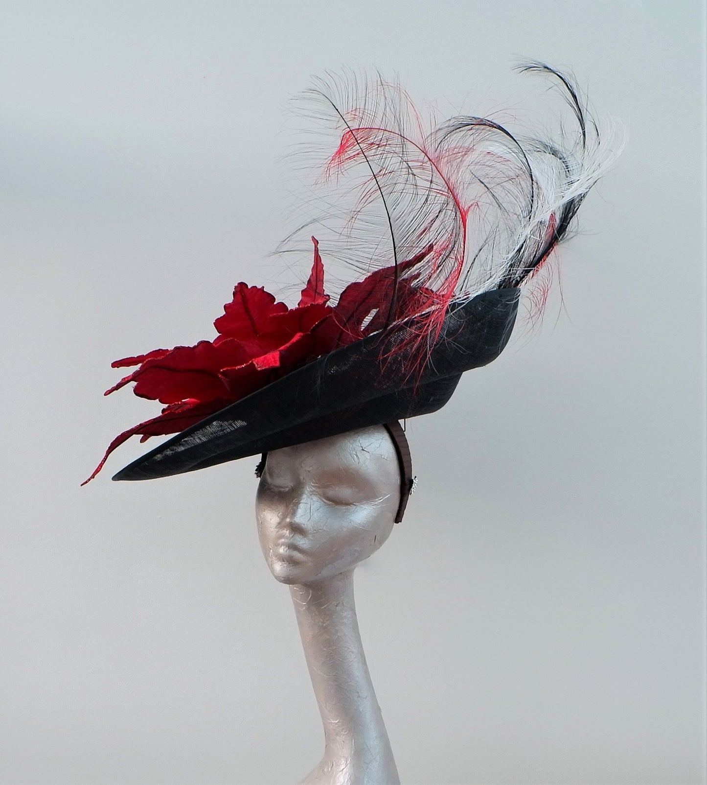 Extra large Black feature fascinator with 57cm Velvet Poinsettia & Ostrich feathers
