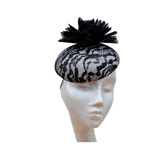 Faith  Black & White Lace Pillbox/Button Fascinator
