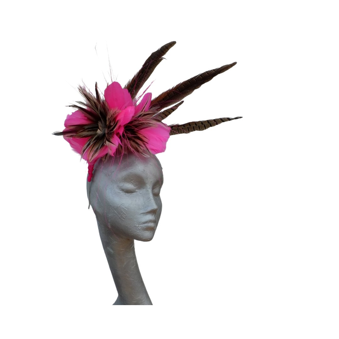 Flo - Fluorescent pink & natural feather fascinator