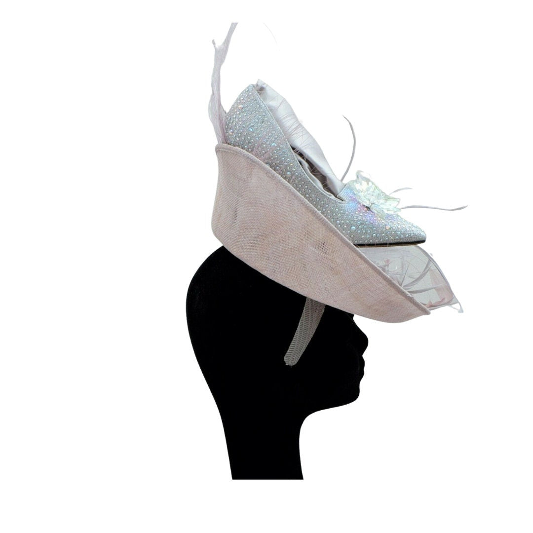 Small Silver lilac/ grey & Heather feature fascinator with Crystal Shoe ideal for Ascot one off