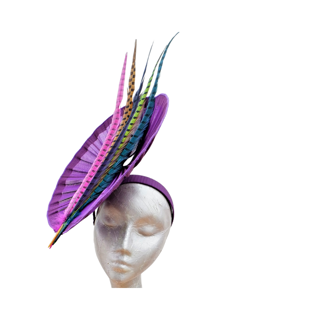 Romero - Purple Buntal pleated disc Fascinator with Multi colour feathers
