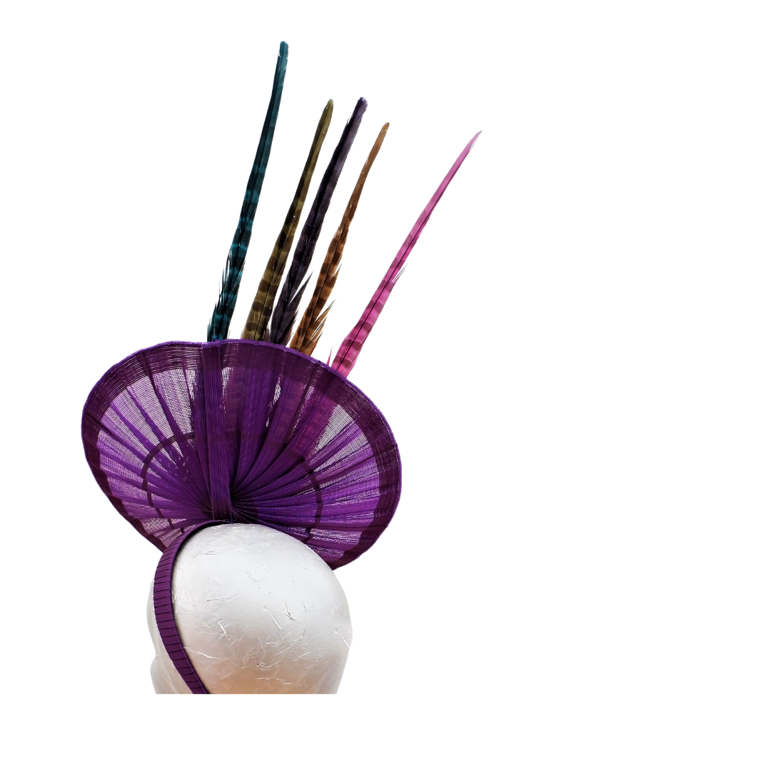 Romero - Purple Buntal pleated disc Fascinator with Multi colour feathers