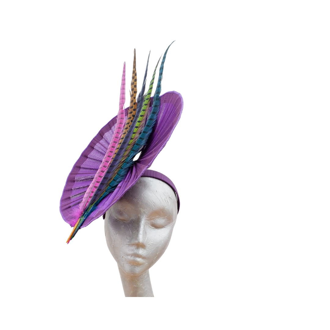 Romero - Purple Buntal pleated disc Fascinator with Multi colour feathers