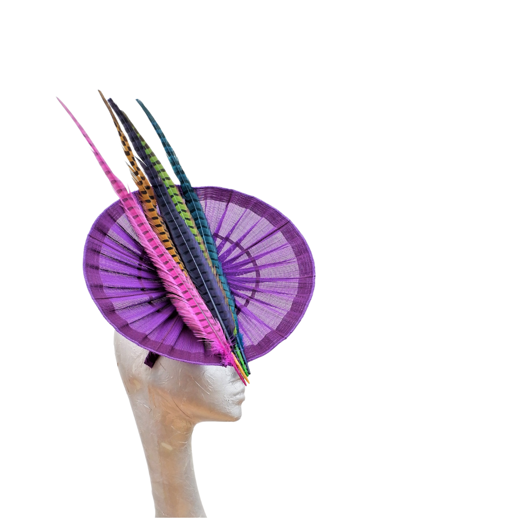 Romero - Purple Buntal pleated disc Fascinator with Multi colour feathers