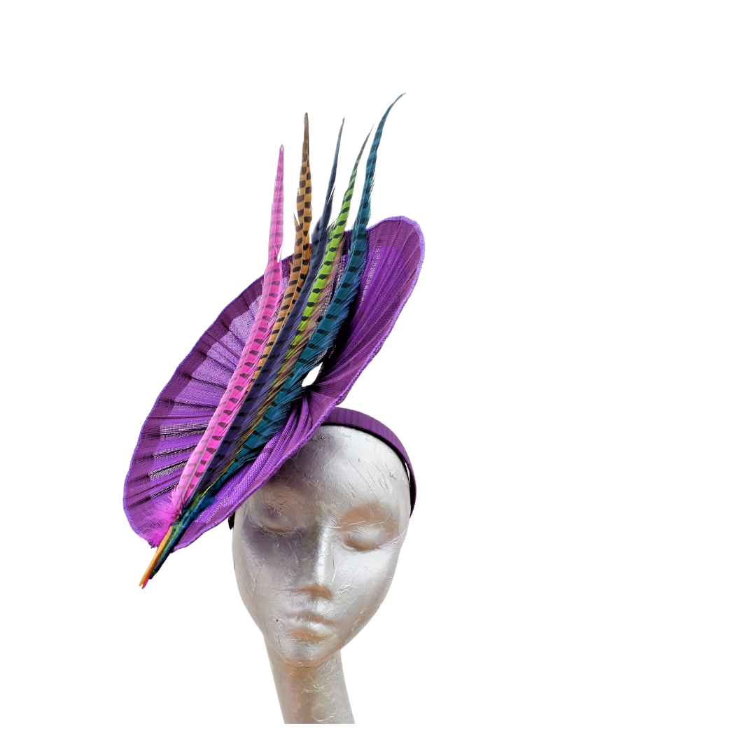 Romero - Purple Buntal pleated disc Fascinator with Multi colour feathers