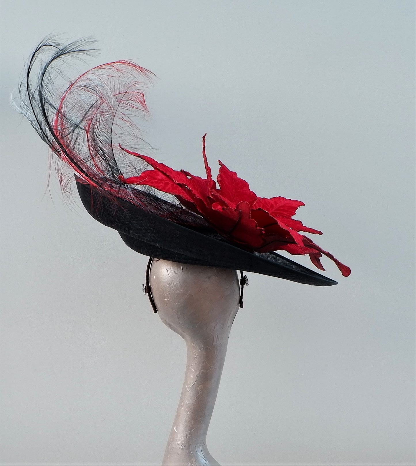 Extra large Black feature fascinator with 57cm Velvet Poinsettia & Ostrich feathers