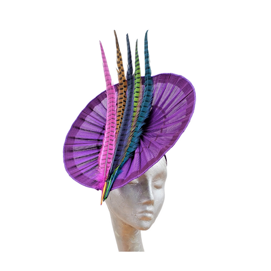 Romero - Purple Buntal pleated disc Fascinator with Multi colour feathers