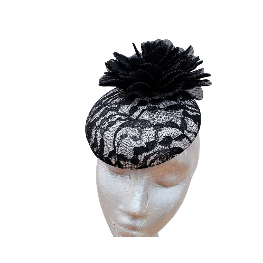 Faith  Black & White Lace Pillbox/Button Fascinator