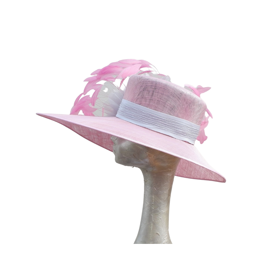Philipa - Extra large Orchid Pink Hat with Silver Grey organza flower & Pink feathers