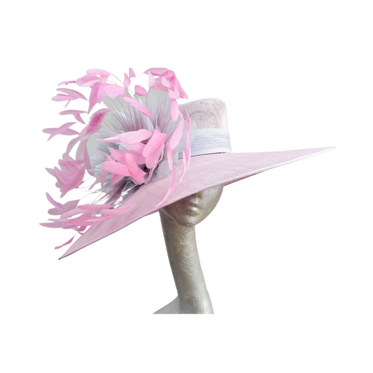 Philipa - Extra large Orchid Pink Hat with Silver Grey organza flower & Pink feathers