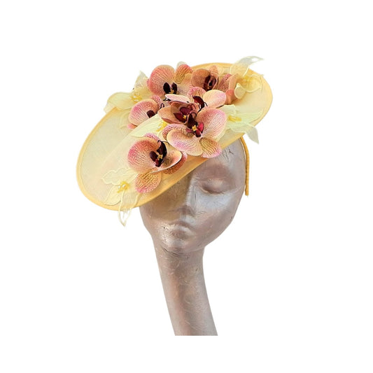 Orkney - Lemon Sinamay fascinator with Lemon & Pink Real touch Orchids