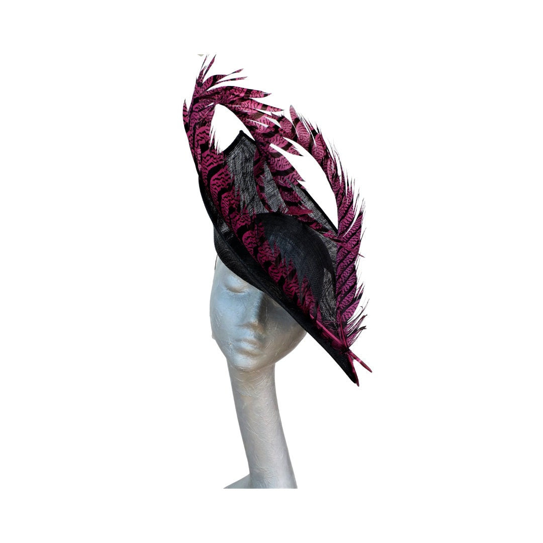 Amore - Black Pointed Hatinator with 94cm Fuchsia & Black Lady Amherst Pheasant Feathers