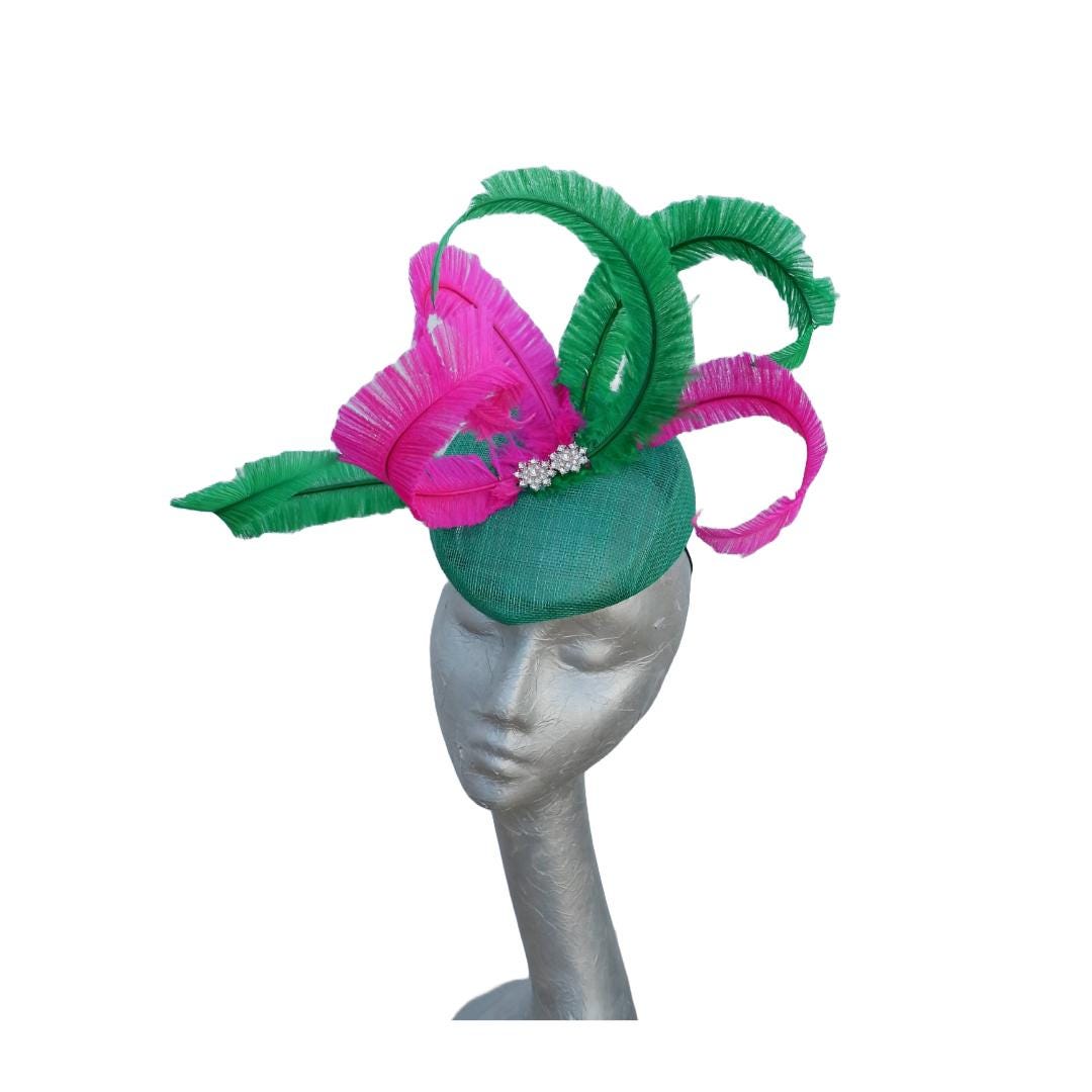 Marlow - Emerald Green Pillbox with Emerald & Hot Pink Feathers