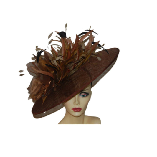 Melanie - Medium Oval Chestnut feature saucer hatinator with feathers & organza flower