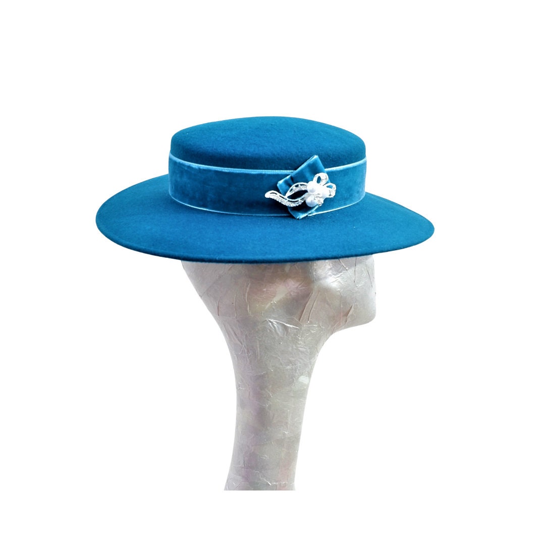 Catherine - Teal Felt Boater