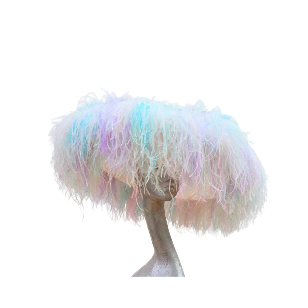 Emma - Extra large Hat Nude & Multi pastel Rainbow feathers