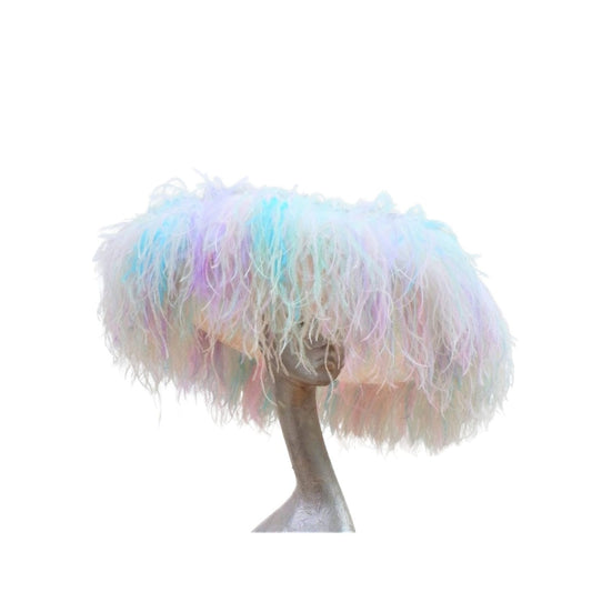 Emma - Extra large Hat Nude & Multi pastel Rainbow feathers