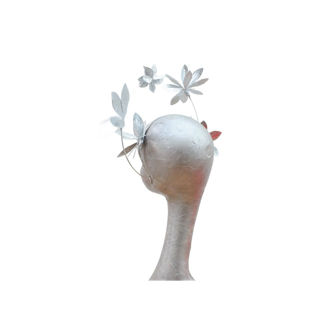 Argentum- Silver metallic Faux Leather & wire Halo Fascinator